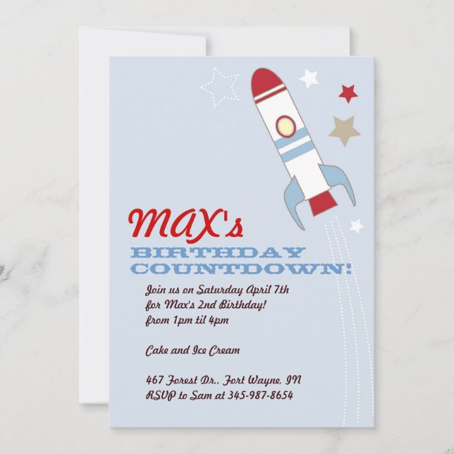 Rocket Ship Themed Birthday Invitations (Front)