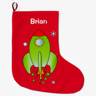 Rocket Ship with Stars and Snowflakes at Christmas Large Christmas Stocking