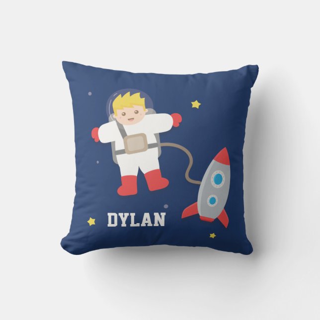 Rocket Space Little Blonde Astronaut Boys Room Cushion (Front)