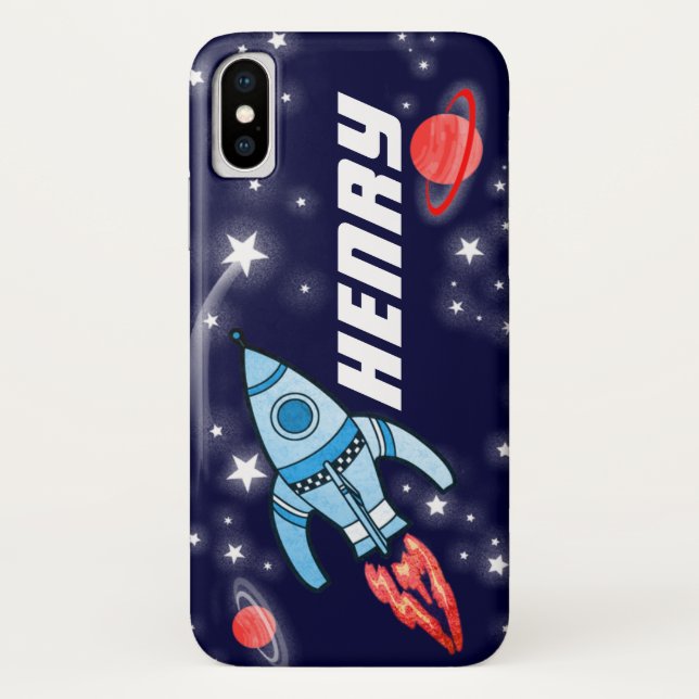 Rocket space navy personalised name iphone case (Back)