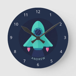 Rocket Spaceship Baby Boy Nursery Space Theme Name Round Clock