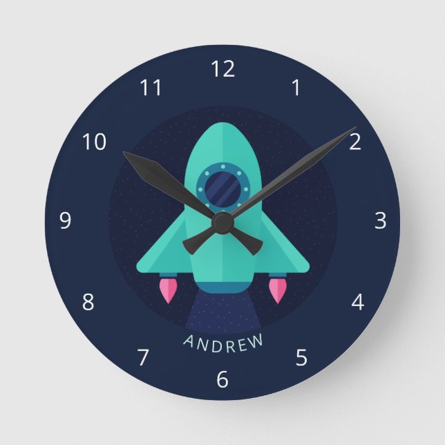 Rocket Spaceship Baby Boy Nursery Space Theme Name Round Clock (Front)