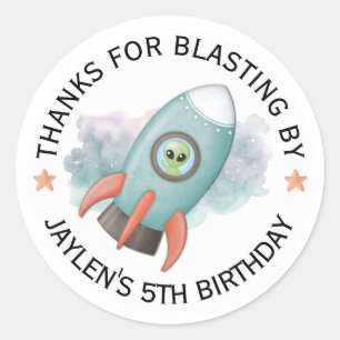 Rocket Spaceship Green Alien Birthday Stickers