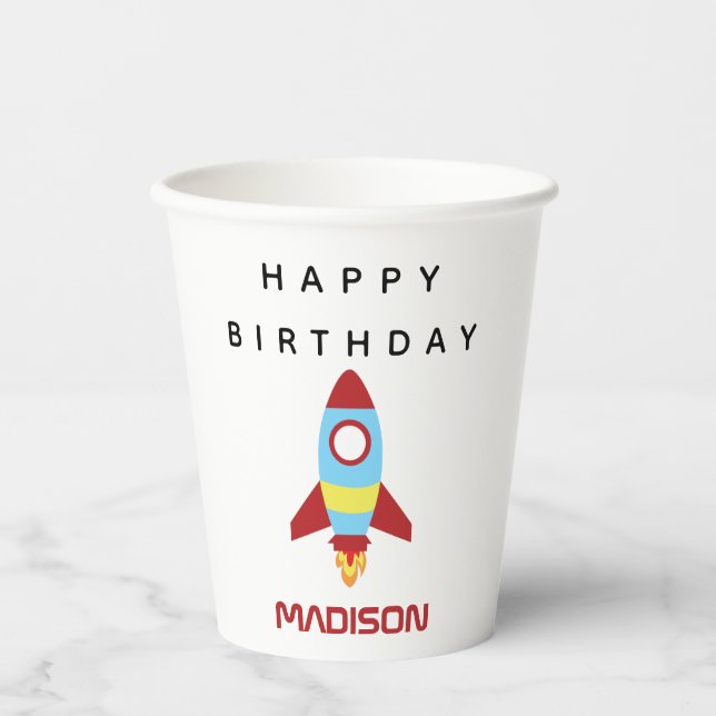 Rocket Spaceship Launching Custom Name Birthday Paper Cups (Front)