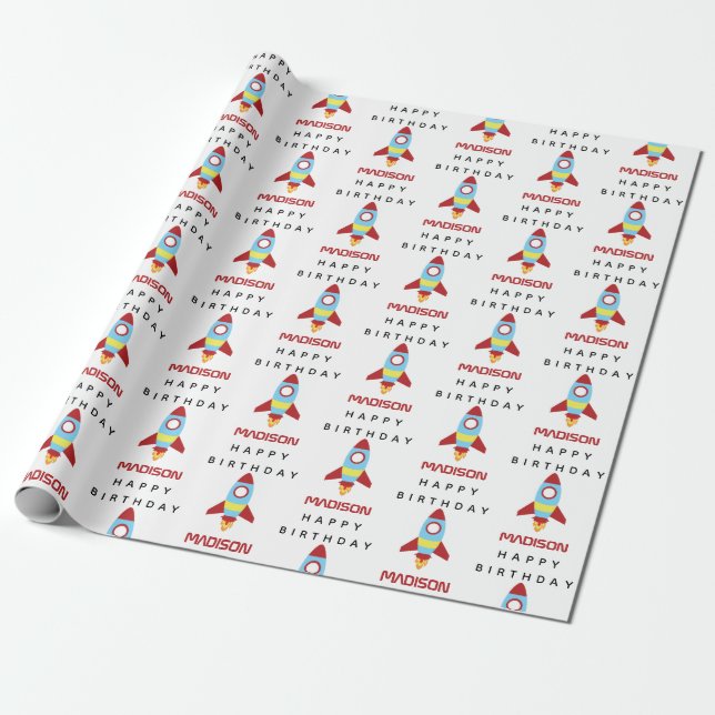 Rocket Spaceship Launching Custom Name Birthday Wrapping Paper (Unrolled)