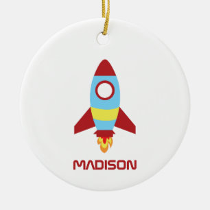 Rocket Spaceship Launching Custom Name Ceramic Ornament