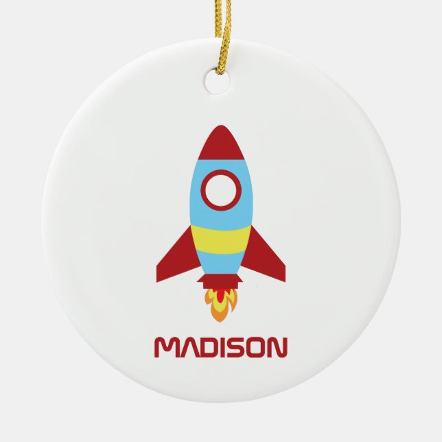 Rocket Spaceship Launching Custom Name Ceramic Ornament (Front)