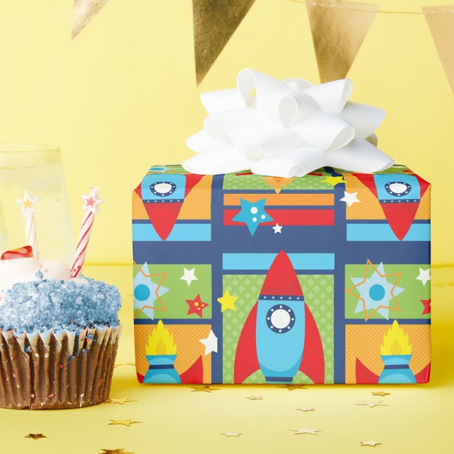 Rocket Spaceship Outer Space Wrapping Paper (Blue and Red Rocket Spaceship Outer Space Wrapping Paper)
