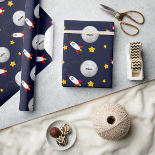 Rocket to the Moon and Stars Personalised Wrapping Paper
