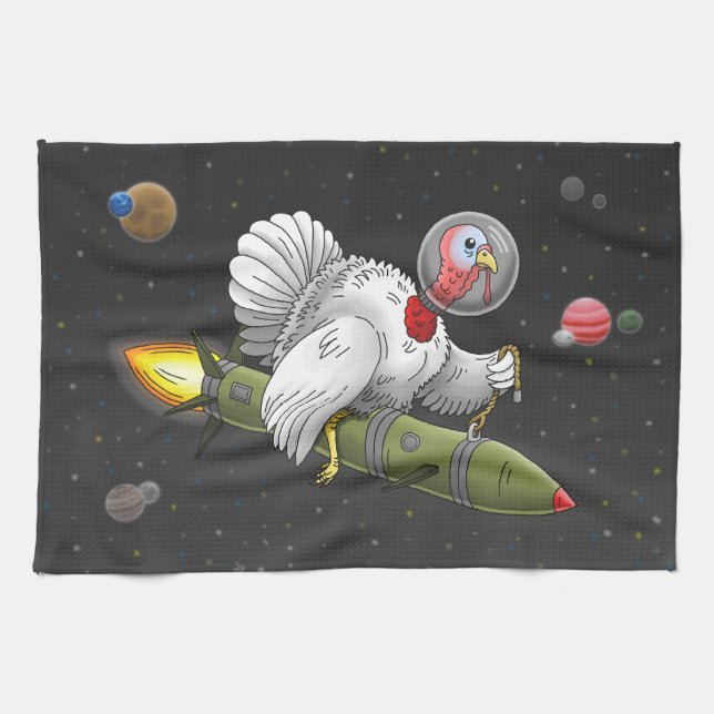Rocket Turkey in outer space Tea Towel (Horizontal)
