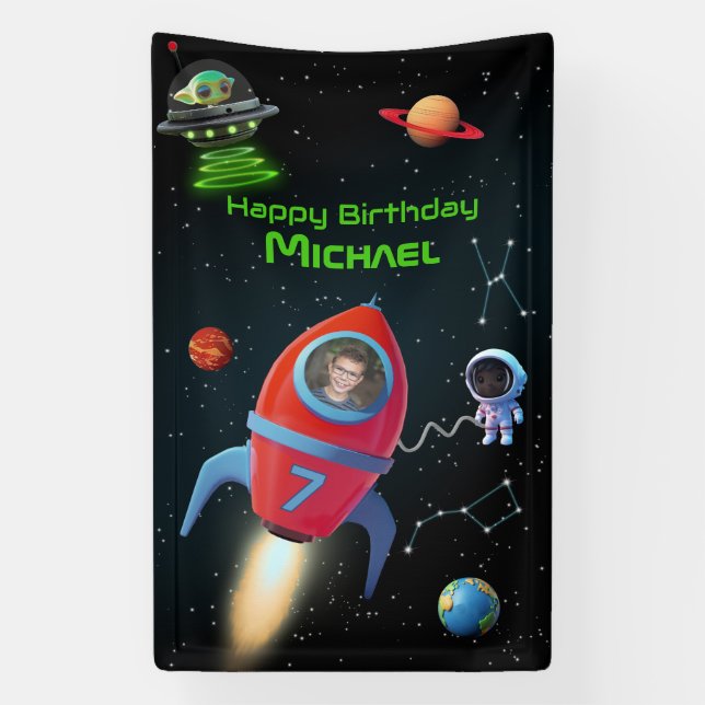 Rocket with Photo | UFO Astronaut Birthday Alien  Banner (Vertical)