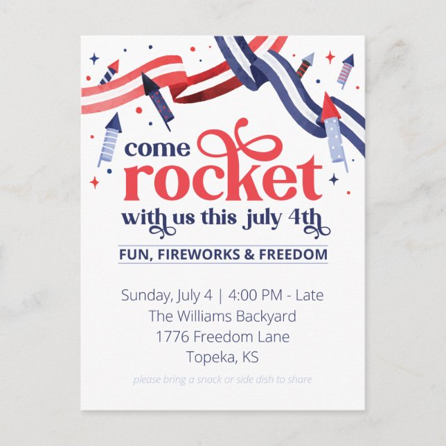 Rocket with us Fourth of July Party Invitation Postcard (Front)