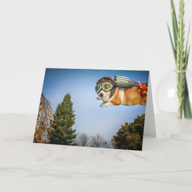 Rocketeer Corgi Saying Hello card (Front)
