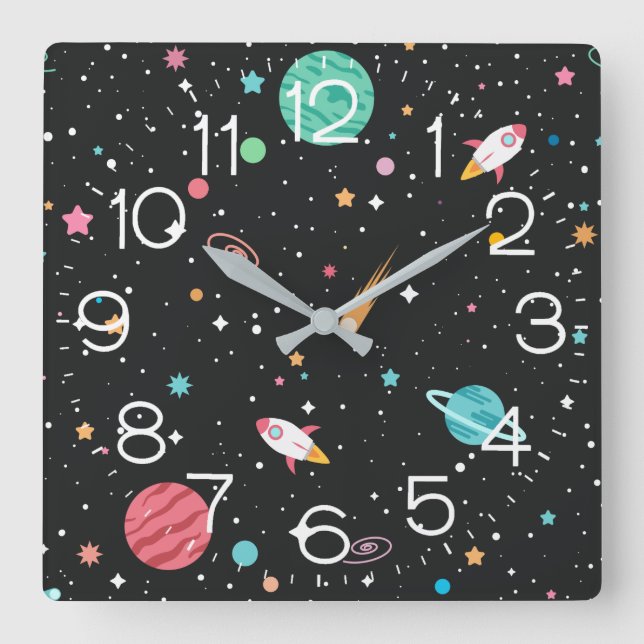 Rockets And Planets Square Wall Clock (Front)