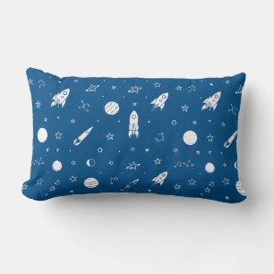 Rockets and Space Elements in a Blue Background Lumbar Cushion