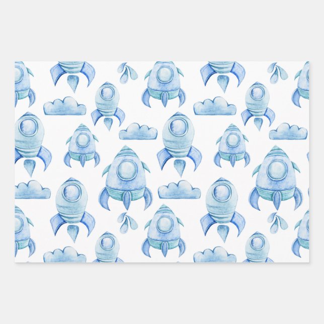 Rockets, Men Women & Kids, Outer Space Pattern Wrapping Paper Sheet (Front)