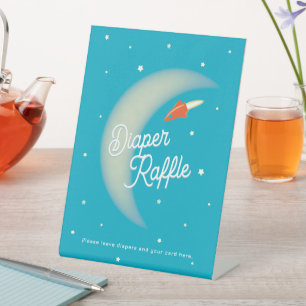 Rockets & Moon Diaper Raffle Red & Teal Pedestal Sign