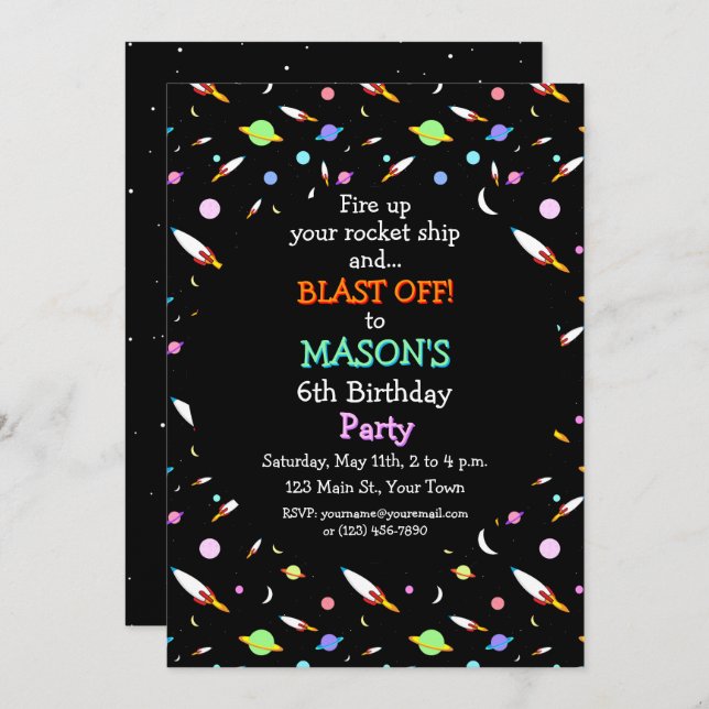 Rockets Planets Moons Stars Outer Space Birthday Invitation (Front/Back)