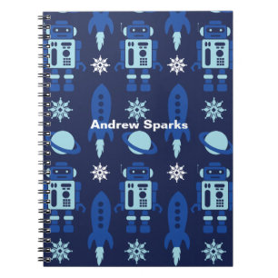 Rockets, Robots, Planets Space Navy Notebook