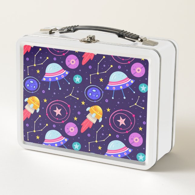 Rockets, Spaceship, Outer Space, Stars & Planet Metal Lunch Box (Front)