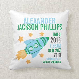 Rocketship Birth Announcement Nursery Pillow