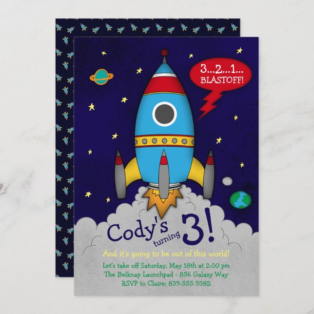 Rocketship Birthday Party Invitation (Front/Back)