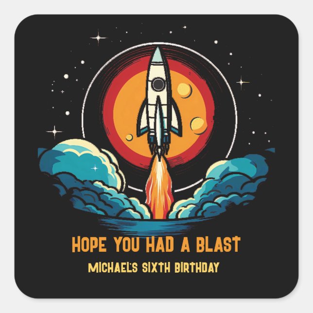 Rocketship birthday square sticker (Front)