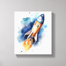 Rocketship Flying Through Stars Watercolor Nursery