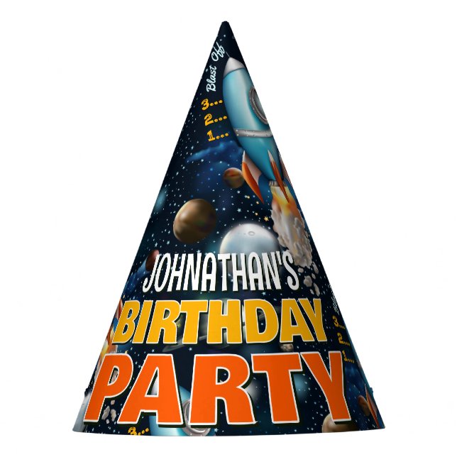 Rocketship Space Adventure Birthday Party Hat (Front)