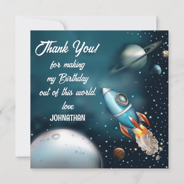 Rocketship Space Adventure Birthday Thank You Card (Front)