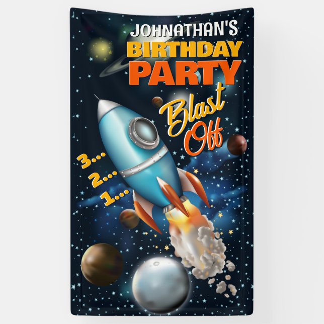 Rocketship Space Adventure Kids Birthday Banner (Vertical)