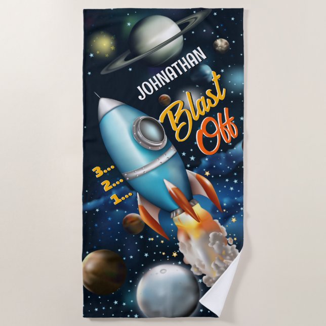 Rocketship Space Adventure Personalise Beach Towel (Front)