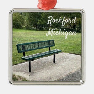 Rockford Michigan White Pine Trail Bench Metal Ornament