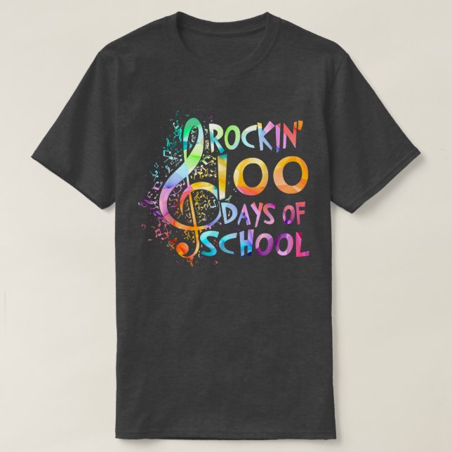 Rockin' 100 Days Of School Music Note Teachers Stu T-Shirt (Design Front)