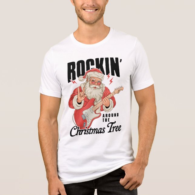 Rockin' Around The Christmas Tree Rock Music Santa Tri-Blend Shirt (Front)