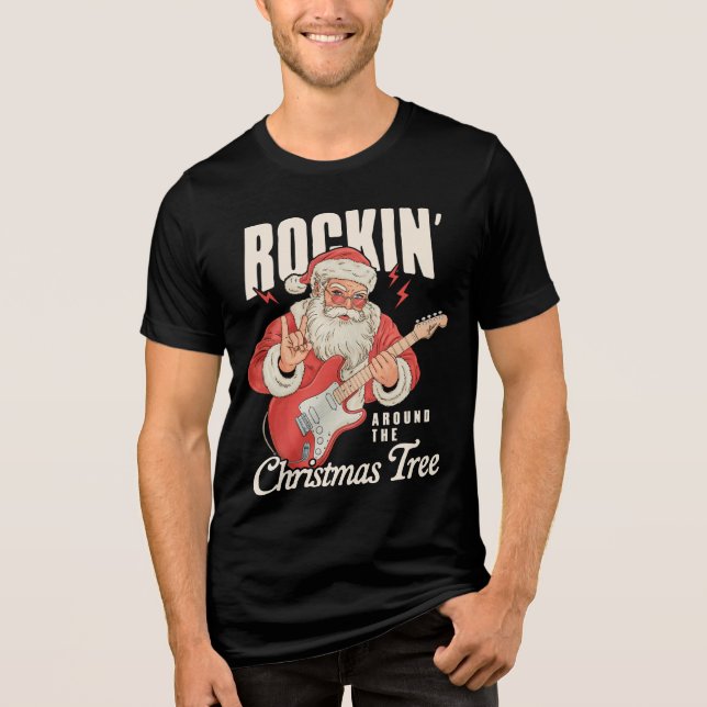 Rockin' Around The Christmas Tree Rock Music Santa Tri-Blend Shirt (Front)