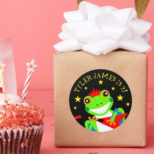 Rockin' Birthday Tree Frog with Red Guitar Classic Round Sticker (Party)