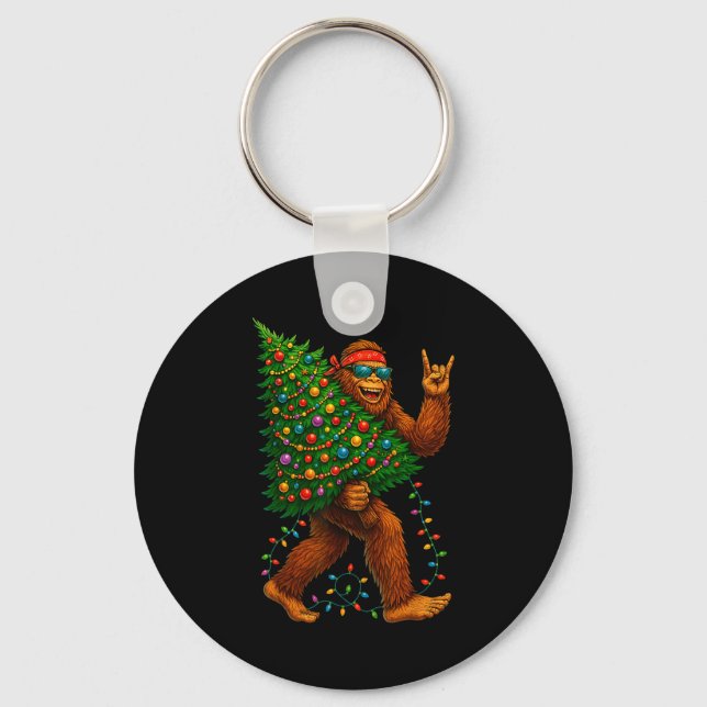 Rockin Christmas Bigfoot Carrying Tree Fun Xmas Ro Key Ring (Front)