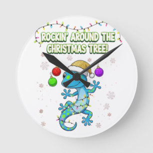 Rockin’ Christmas Gecko – Cute Holiday Lizard Deco Round Clock