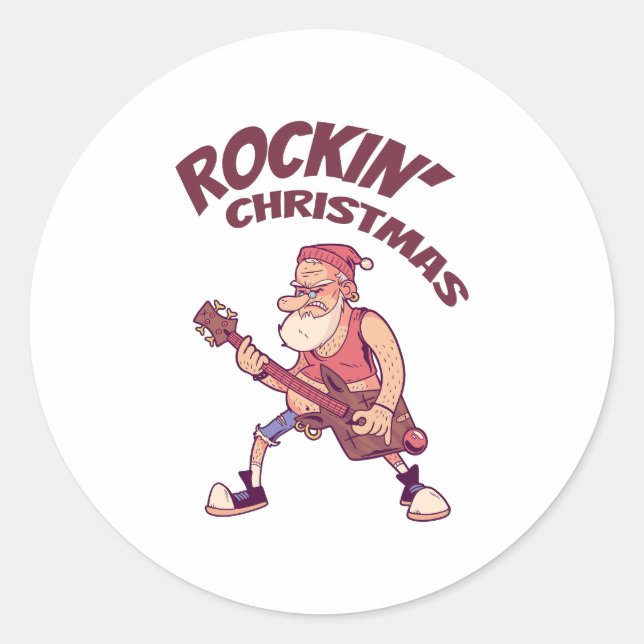 Rockin Christmas, Santa rocking with Guitar Invita Classic Round Sticker (Front)