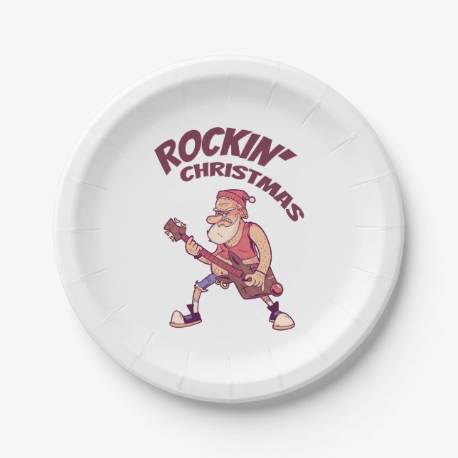 Rockin Christmas, Santa rocking with Guitar Invita Paper Plate (Front)