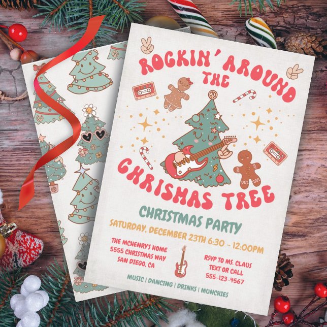 Rockin' Christmas Tree Hippie Retro Party Invitation (Creator Uploaded)
