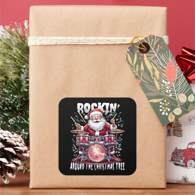 Rockin' Santa Drummer Christmas Tree Square Sticker (Holiday)