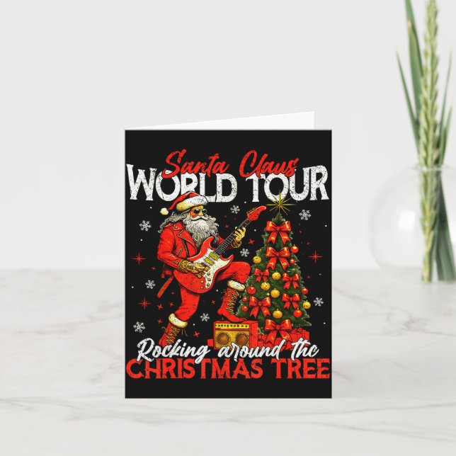 Rockin Santa World Tour Christmas Tree Guitar Men  Card (Front)