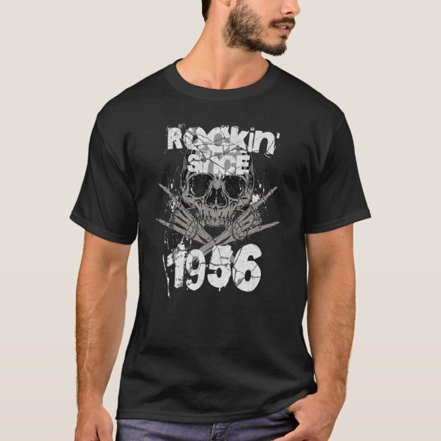 Rockin Since 1956 Grunge Skull Rock Hands Birthday T-Shirt (Front)