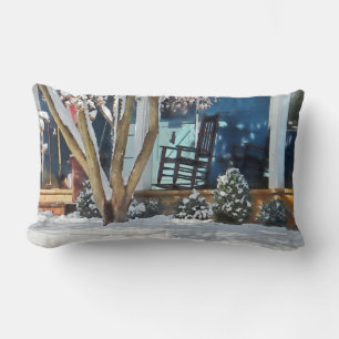 Rocking Chair on Porch in Winter Lumbar Cushion