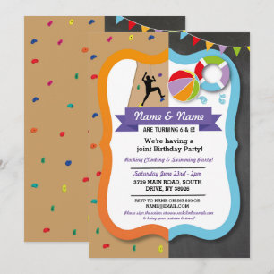 Rocking Climbing & Swimming Boy Girl Birthday Invitation