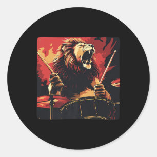 Rocking Drummer Lion Outfit For Drumming Boys And  Classic Round Sticker