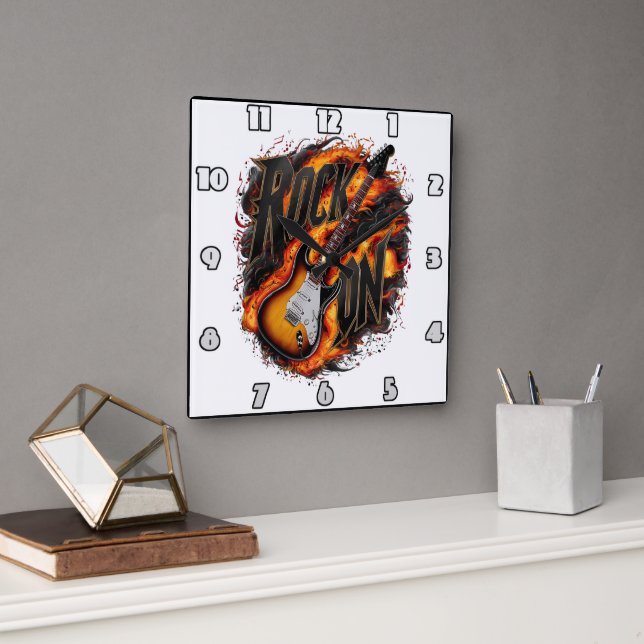Rocking guitar amidst fiery flames at a concert square wall clock (Office)
