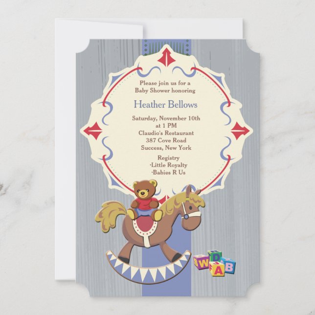 Rocking Horse and Teddy Bear Baby Shower Invites (Front)